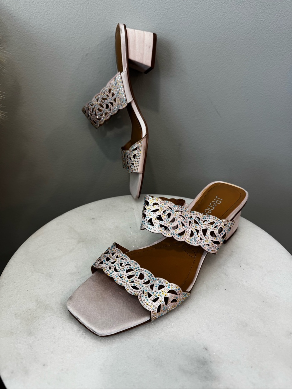 J.Renee Blush Pink Rhinestone Cutout Block Heel Slides